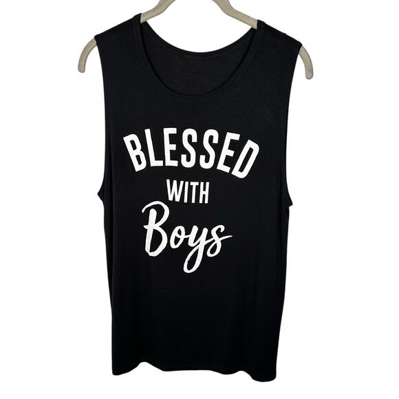 Blessed With Boys Print Round Neck Black Tank Top Women's Medium - Picture 1 of 3